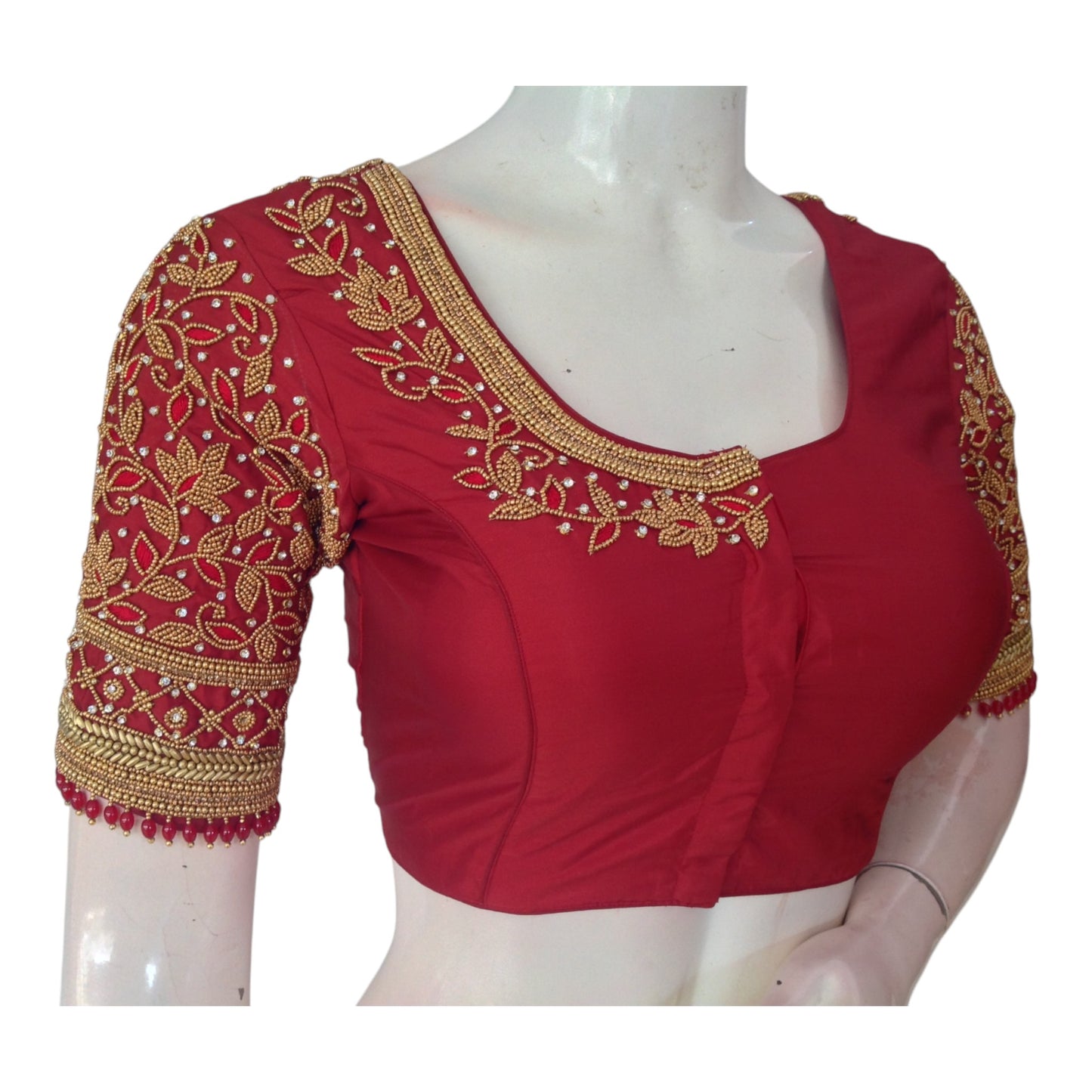 Sophisticated Maroon Silk Saree Blouse with Unique Aari Sleeve Design