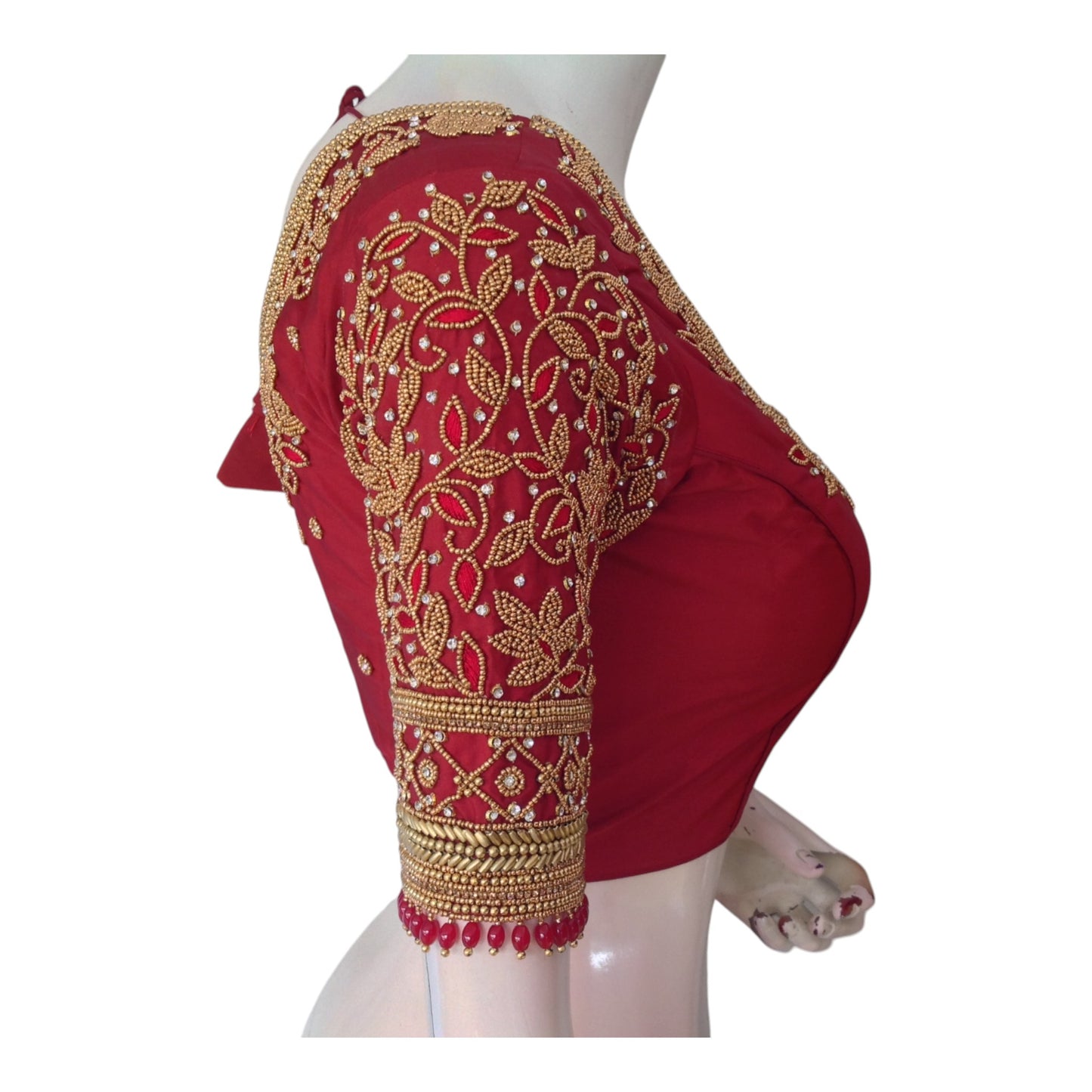 Sophisticated Maroon Silk Saree Blouse with Unique Aari Sleeve Design