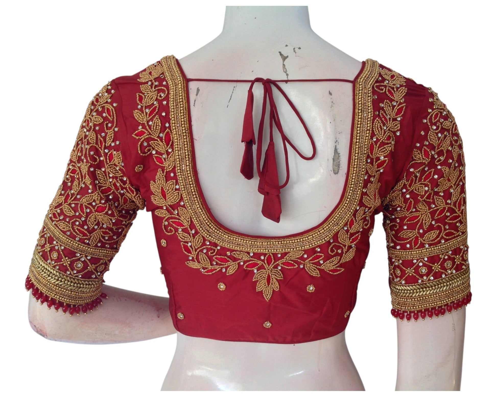 Sophisticated Maroon Silk Saree Blouse with Unique Aari Sleeve Design