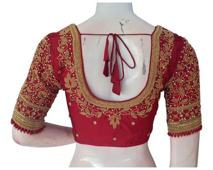 Sophisticated Maroon Silk Saree Blouse with Unique Aari Sleeve Design