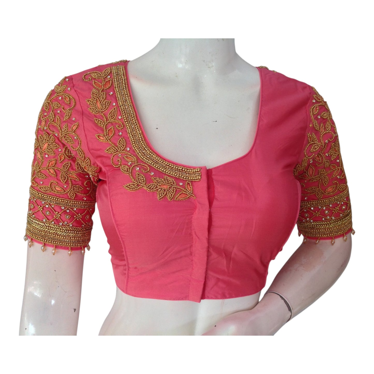 Peach Pink Aari Handwork Silk Saree Blouse with Unique Sleeve Design