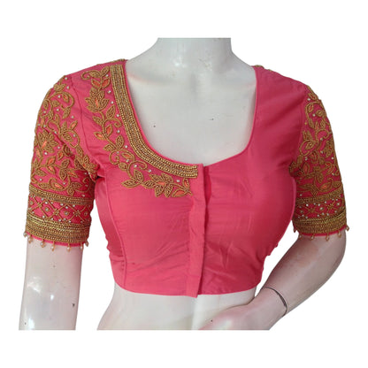 Peach Pink Aari Handwork Silk Saree Blouse with Unique Sleeve Design