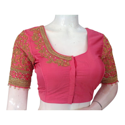 Peach Pink Aari Handwork Silk Saree Blouse with Unique Sleeve Design