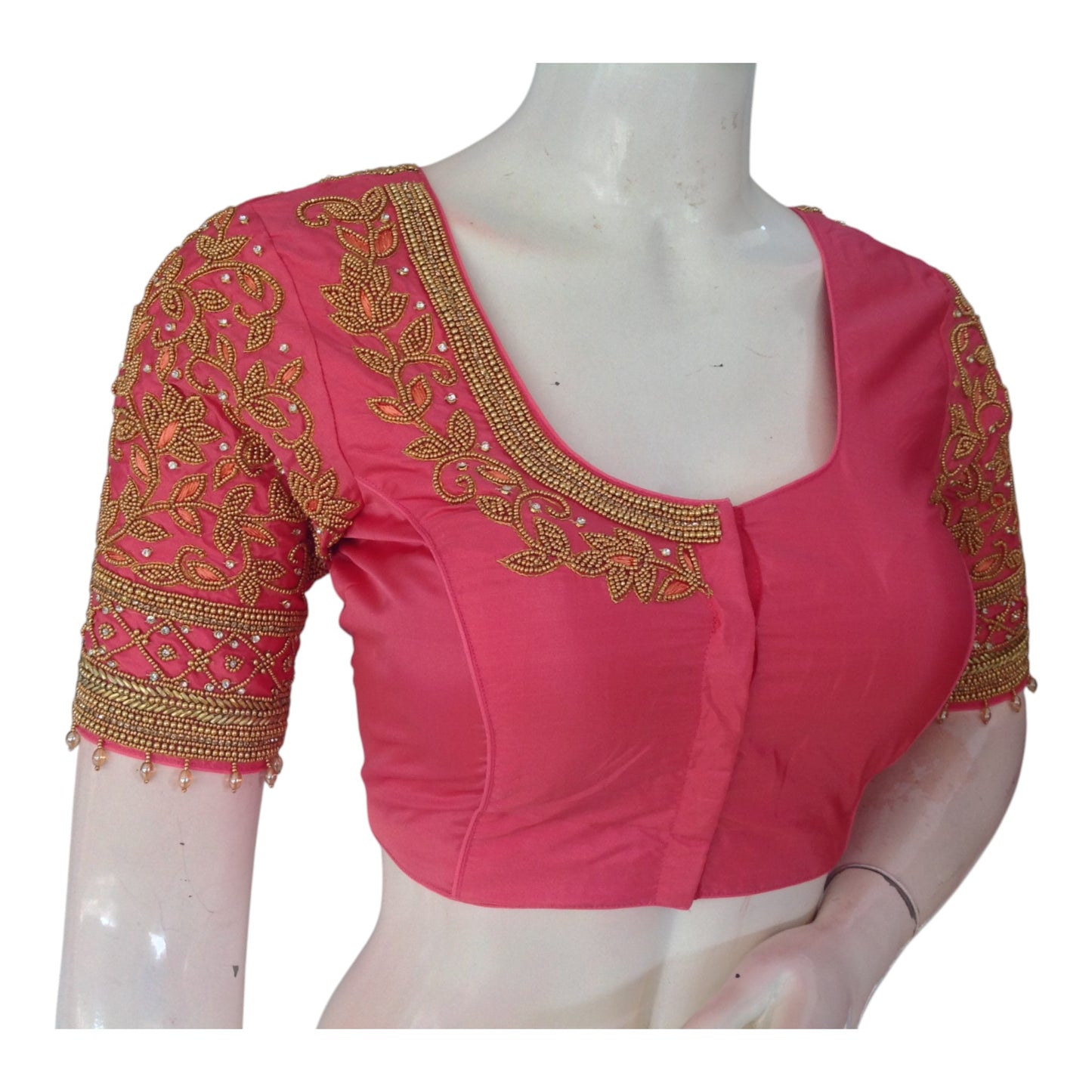 Peach Pink Aari Handwork Silk Saree Blouse with Unique Sleeve Design