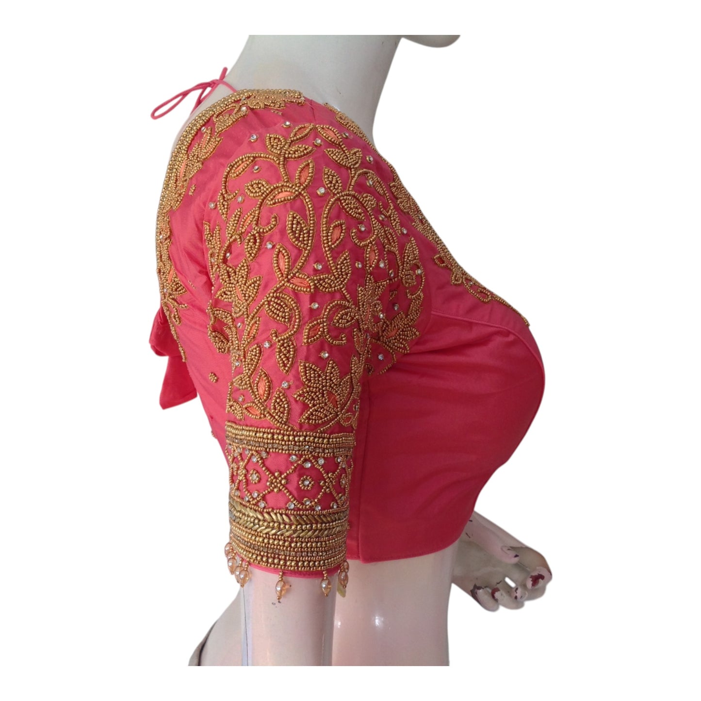 Peach Pink Aari Handwork Silk Saree Blouse with Unique Sleeve Design