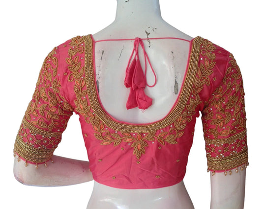 Peach Pink Aari Handwork Silk Saree Blouse with Unique Sleeve Design
