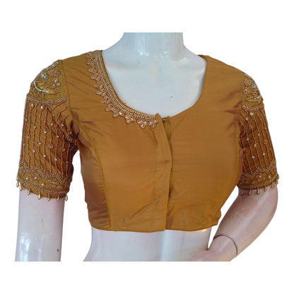 Mustard Gold Aari Work Wedding Silk Saree Blouse with Designer Neck