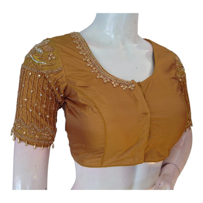 Mustard Gold Aari Work Wedding Silk Saree Blouse with Designer Neck