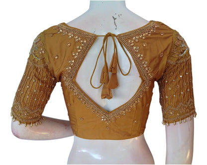 Mustard Gold Aari Work Wedding Silk Saree Blouse with Designer Neck