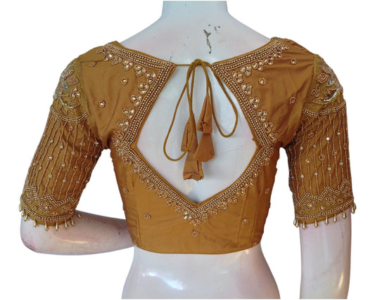 Mustard Gold Aari Work Wedding Silk Saree Blouse with Designer Neck