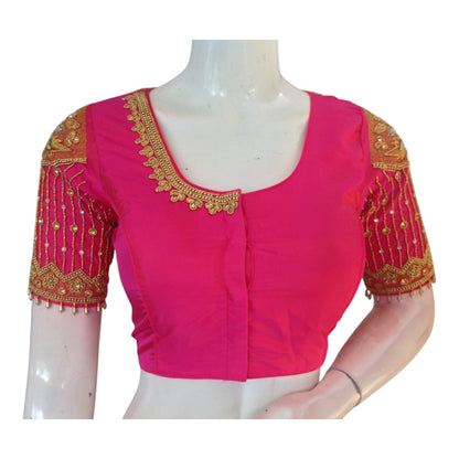 Designer Neck Pink Aari Work Wedding Silk Saree Blouse - Handcrafted Elegance