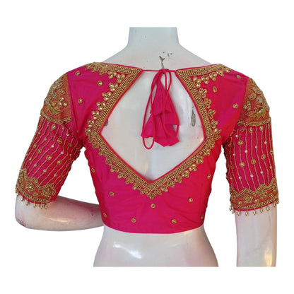 Designer Neck Pink Aari Work Wedding Silk Saree Blouse - Handcrafted Elegance
