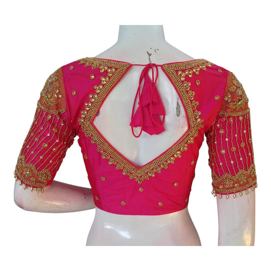 Designer Neck Pink Aari Work Wedding Silk Saree Blouse - Handcrafted Elegance