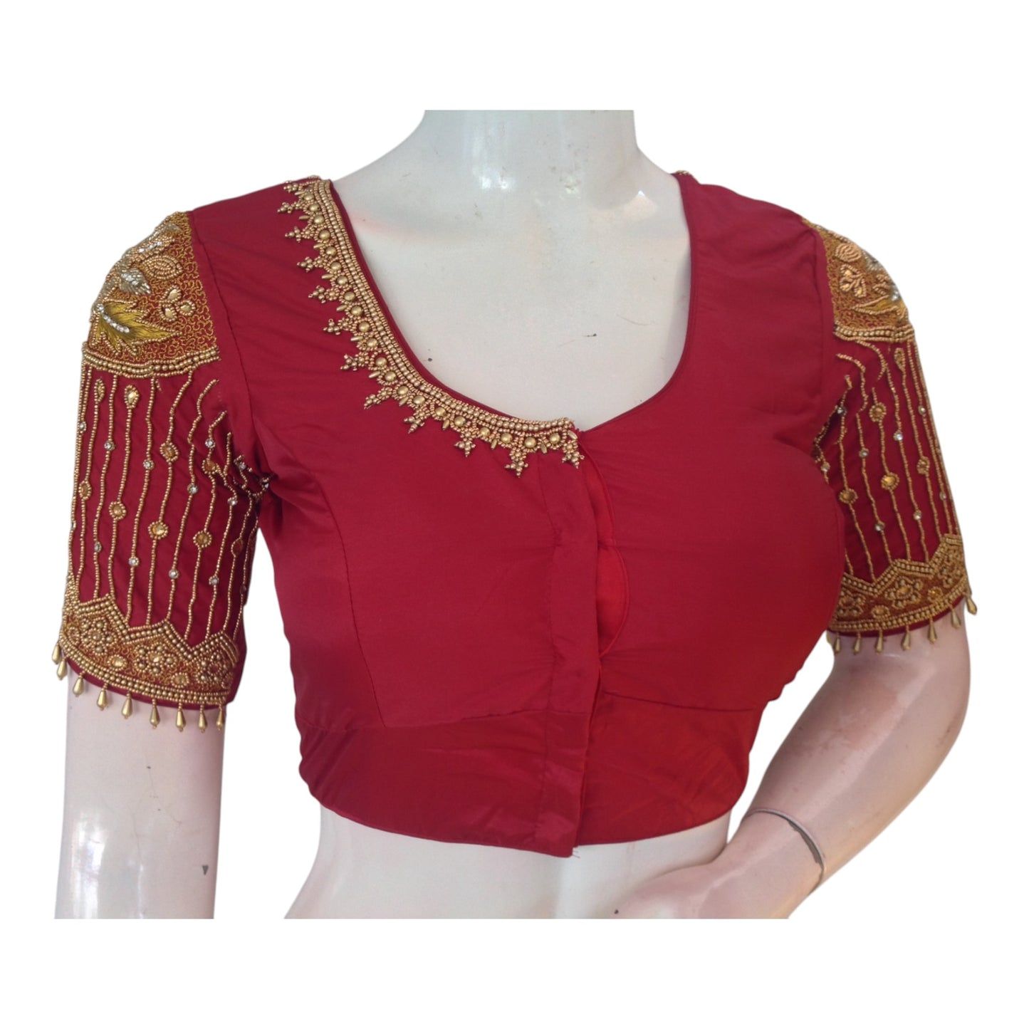 Regal Maroon Aari & Beads Bridal Silk Saree Blouse with Sleeve Hangings