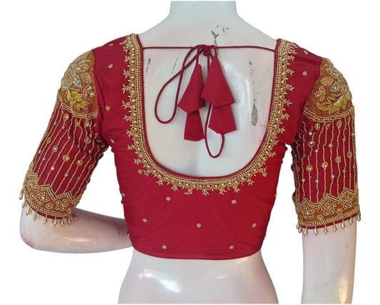 Regal Maroon Aari & Beads Bridal Silk Saree Blouse with Sleeve Hangings