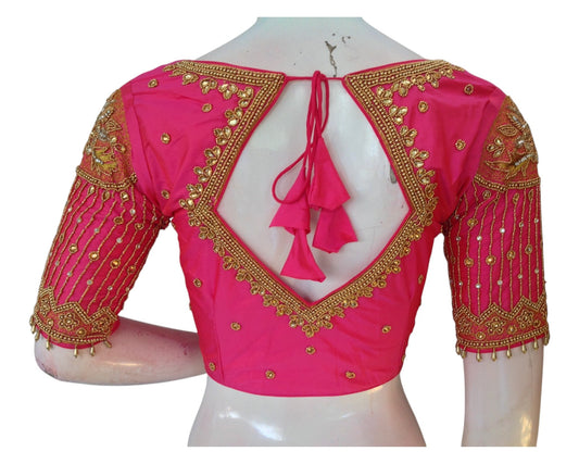 Vibrant Pink Aari Work Designer Neck Wedding Silk Saree Blouse