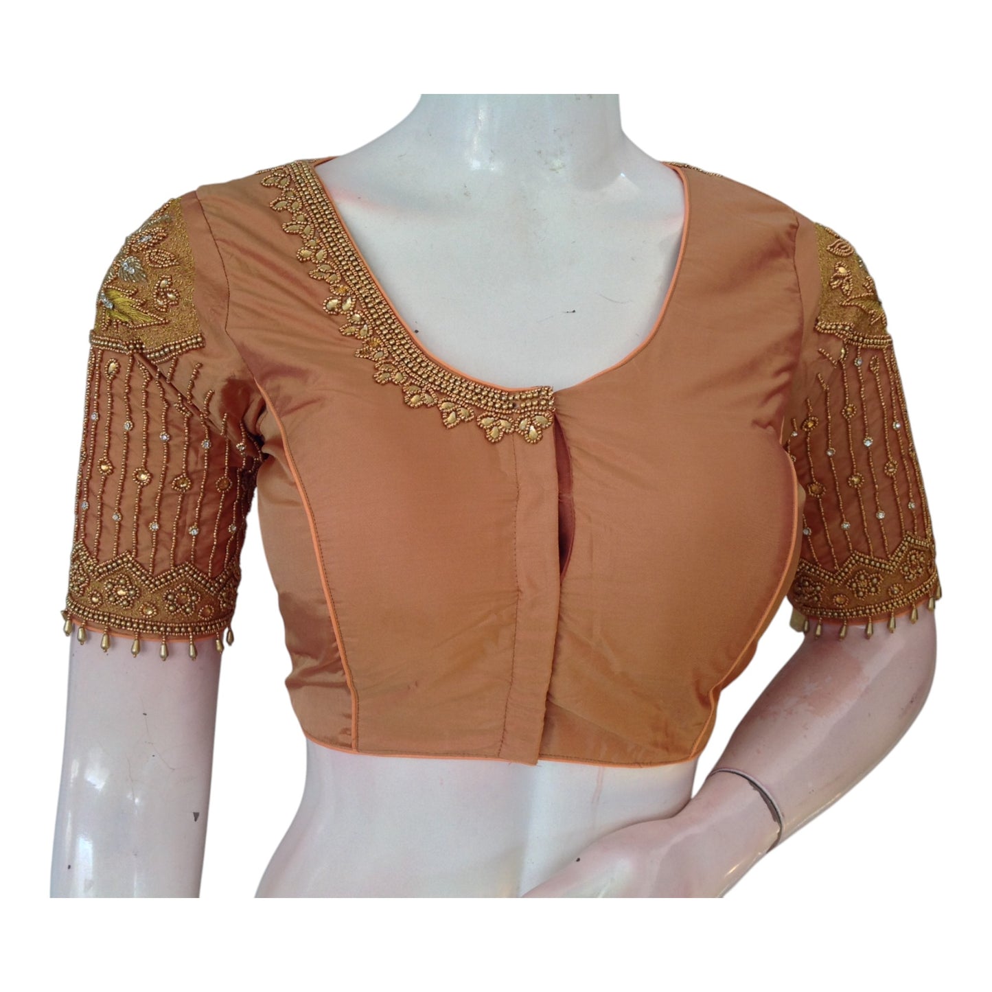Elegant Peach Aari Work Designer Neck Wedding Silk Saree Blouse