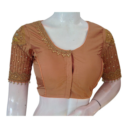 Elegant Peach Aari Work Designer Neck Wedding Silk Saree Blouse