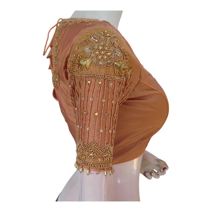 Elegant Peach Aari Work Designer Neck Wedding Silk Saree Blouse