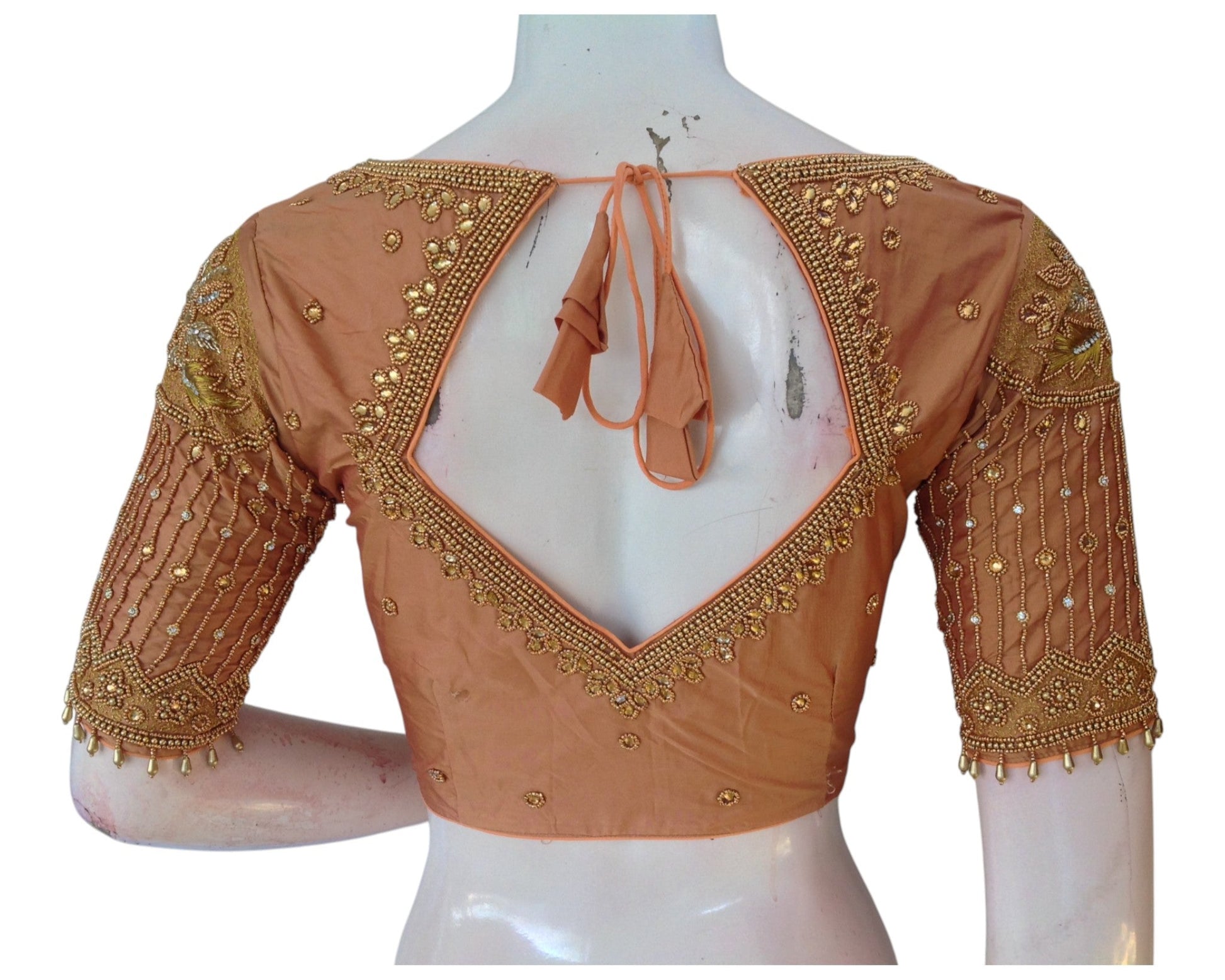 Elegant Peach Aari Work Designer Neck Wedding Silk Saree Blouse