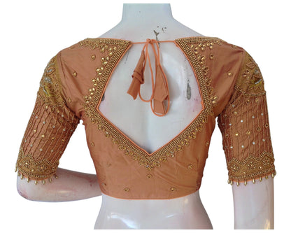 Elegant Peach Aari Work Designer Neck Wedding Silk Saree Blouse