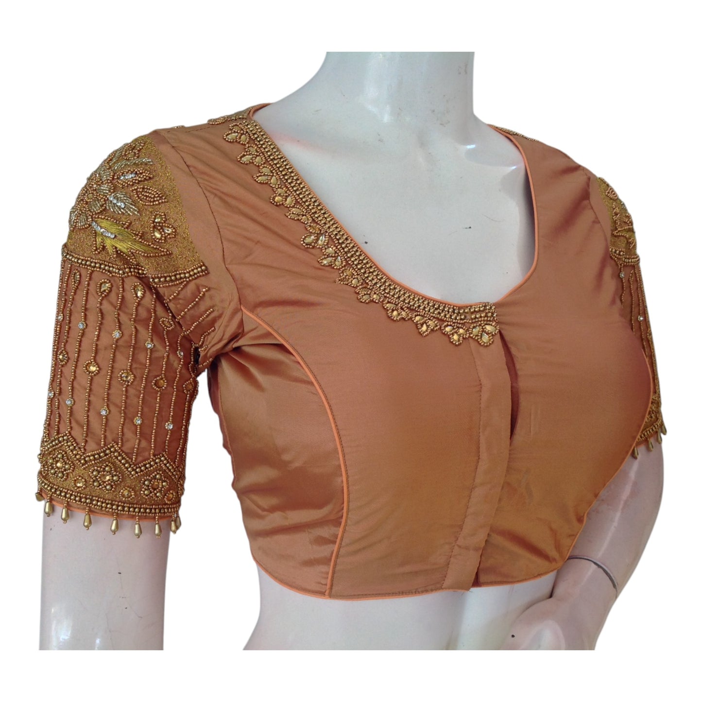 Elegant Peach Aari Work Designer Neck Wedding Silk Saree Blouse