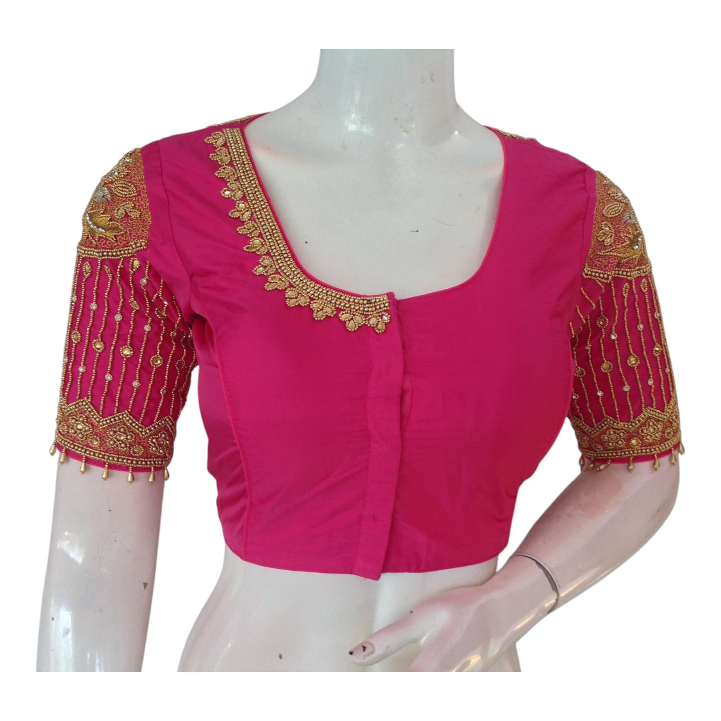 Exquisite Pink Designer Neck Aari Handwork Bridal Silk Saree Blouse