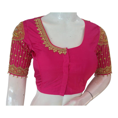 Exquisite Pink Designer Neck Aari Handwork Bridal Silk Saree Blouse