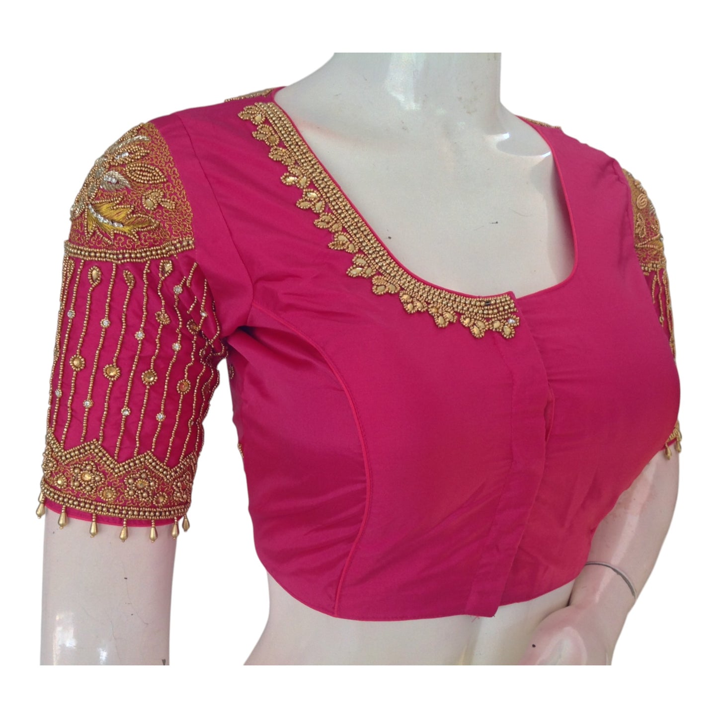 Exquisite Pink Designer Neck Aari Handwork Bridal Silk Saree Blouse