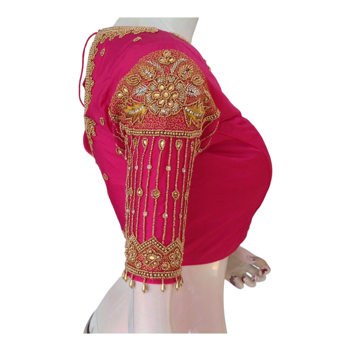 Exquisite Pink Designer Neck Aari Handwork Bridal Silk Saree Blouse