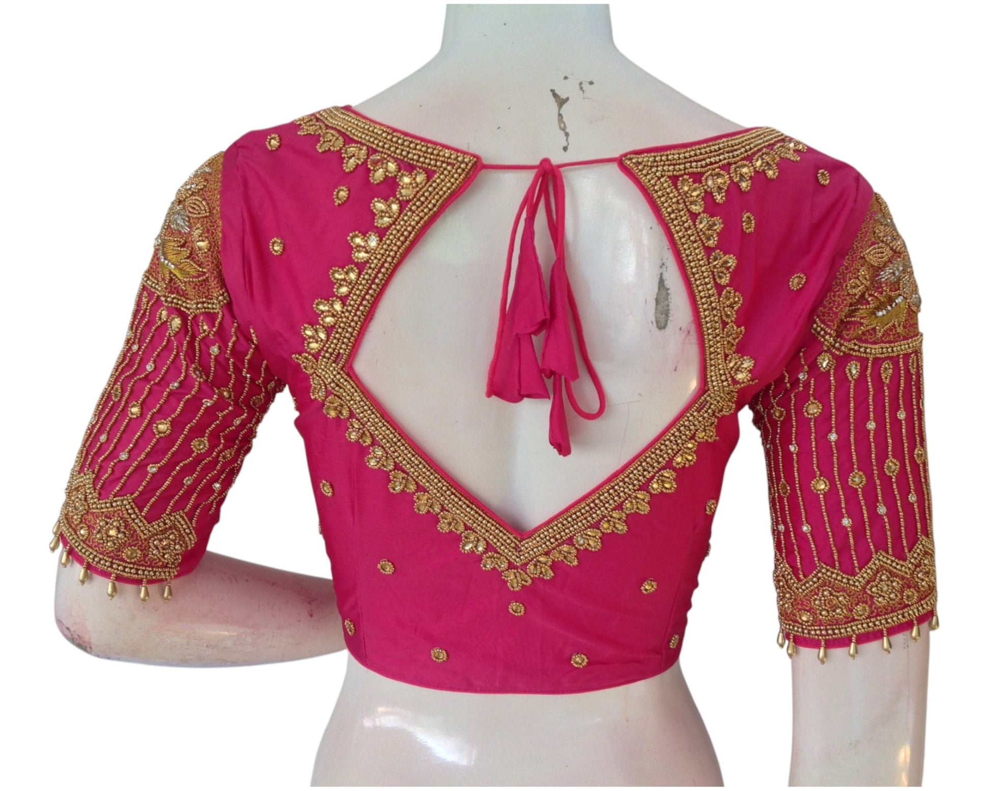 Exquisite Pink Designer Neck Aari Handwork Bridal Silk Saree Blouse