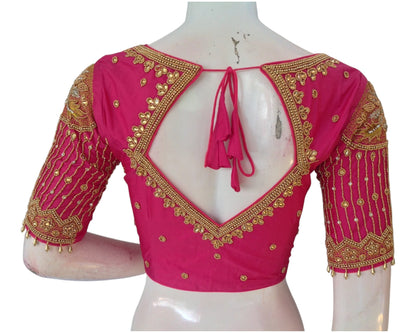 Exquisite Pink Designer Neck Aari Handwork Bridal Silk Saree Blouse
