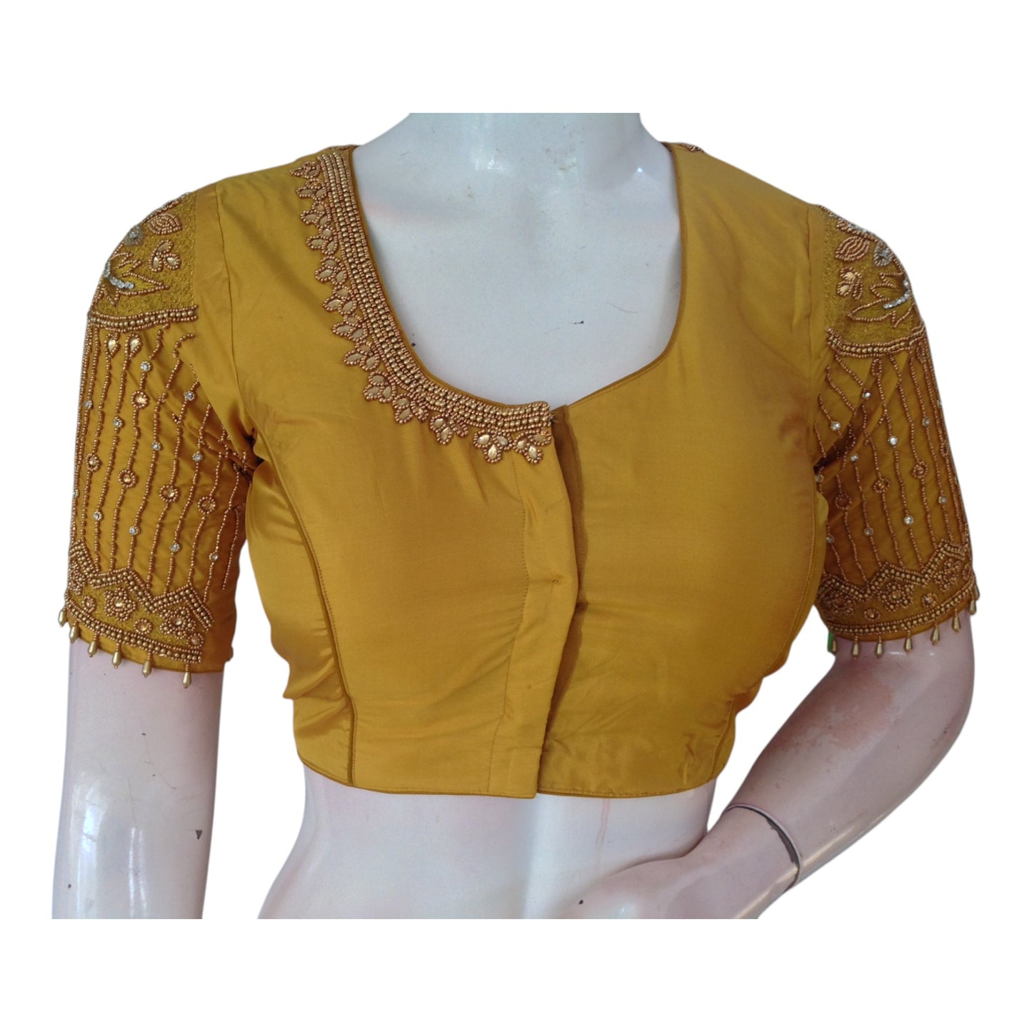 Elegant Mustard Aari Work Designer Neck Wedding Silk Saree Blouse