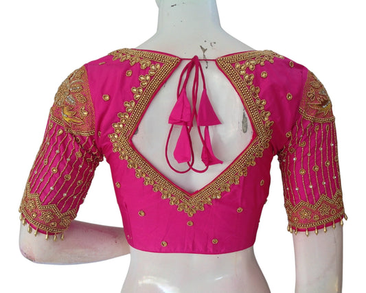 Vibrant Rani Pink Designer Neck Aari Work Wedding Silk Saree Blouse