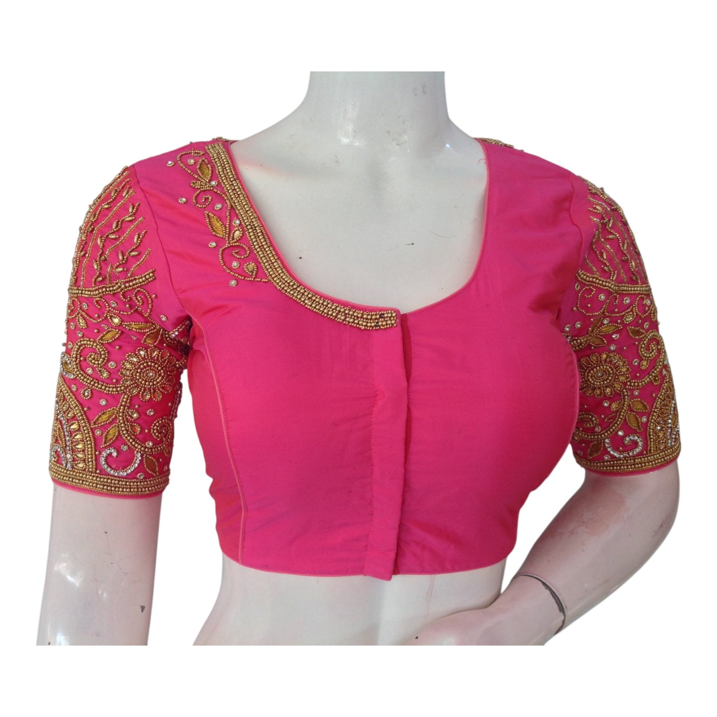 Romantic Pink Color Aari Handwork Wedding Silk Saree Blouse