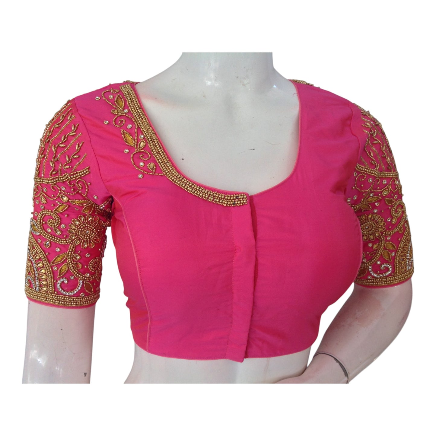 Romantic Pink Color Aari Handwork Wedding Silk Saree Blouse