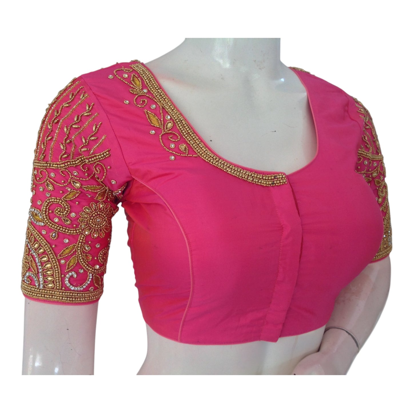 Romantic Pink Color Aari Handwork Wedding Silk Saree Blouse