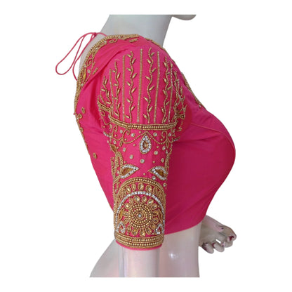 Romantic Pink Color Aari Handwork Wedding Silk Saree Blouse