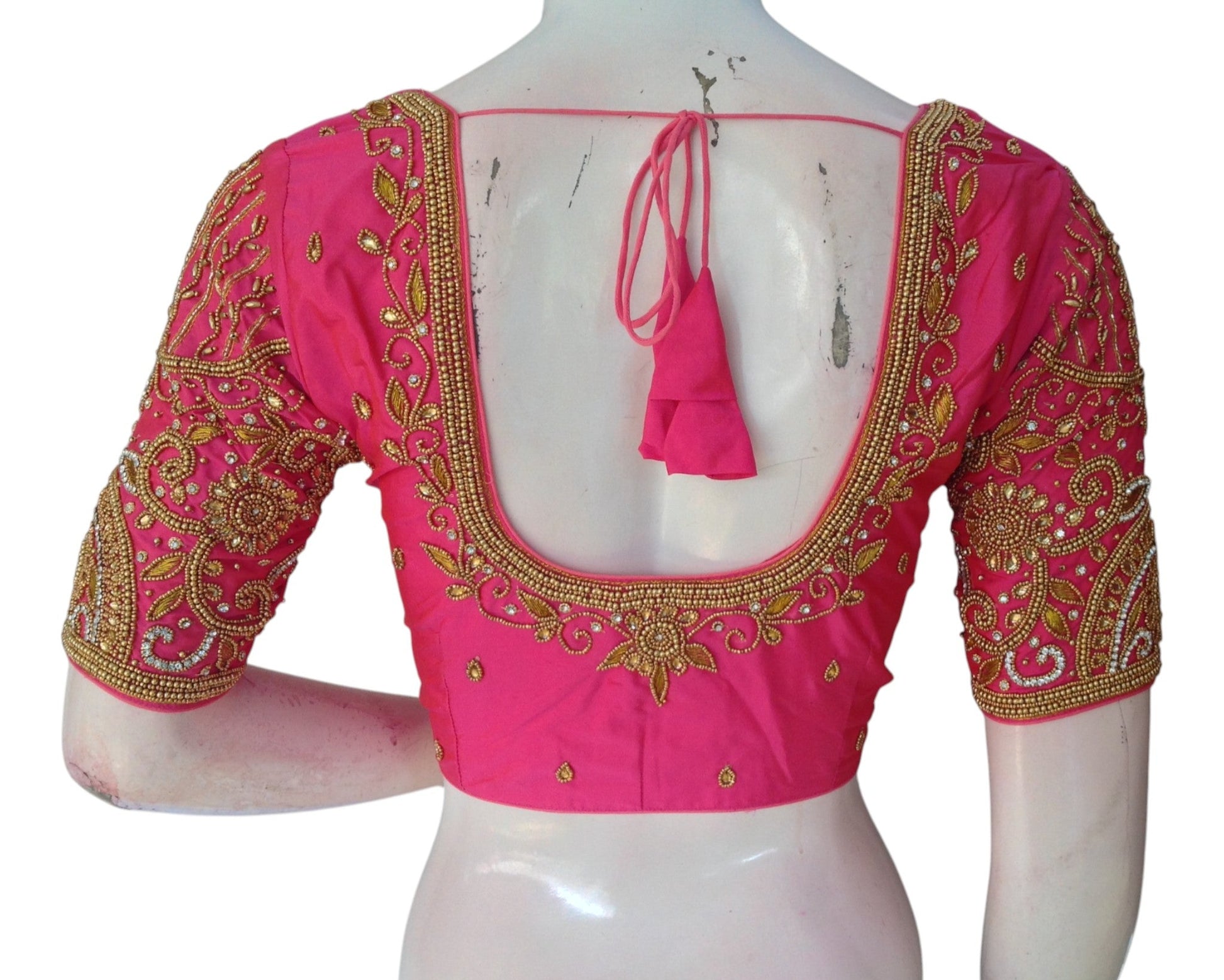 Romantic Pink Color Aari Handwork Wedding Silk Saree Blouse