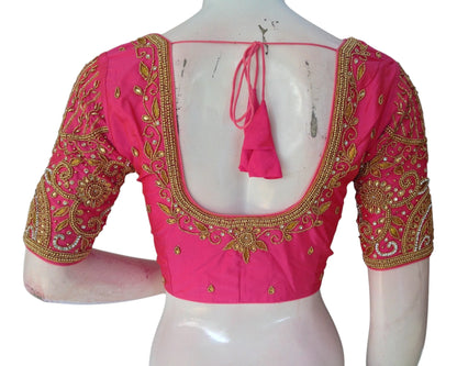 Romantic Pink Color Aari Handwork Wedding Silk Saree Blouse