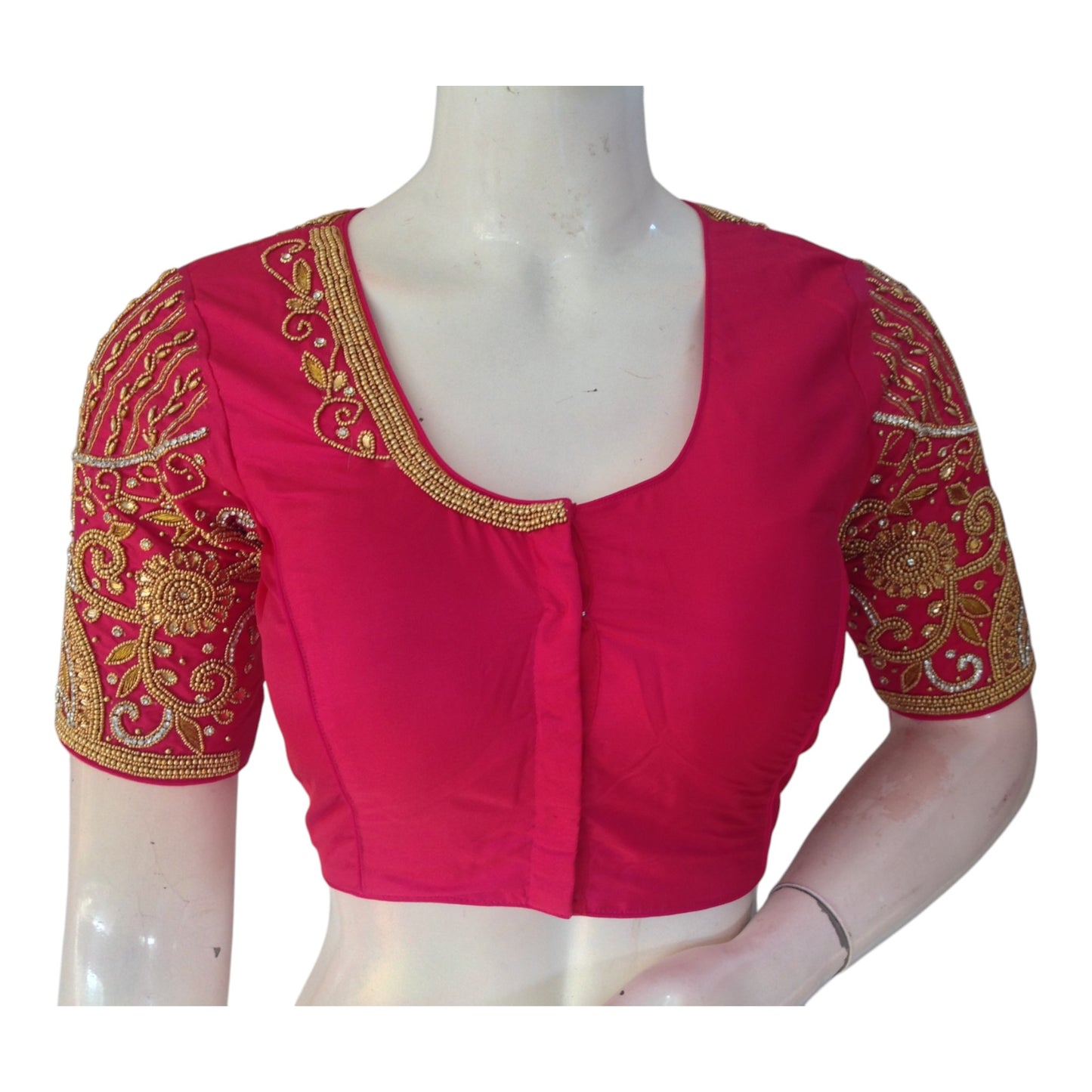 Rich Dark Pink Aari Handwork Wedding Silk Saree Readymade Blouse