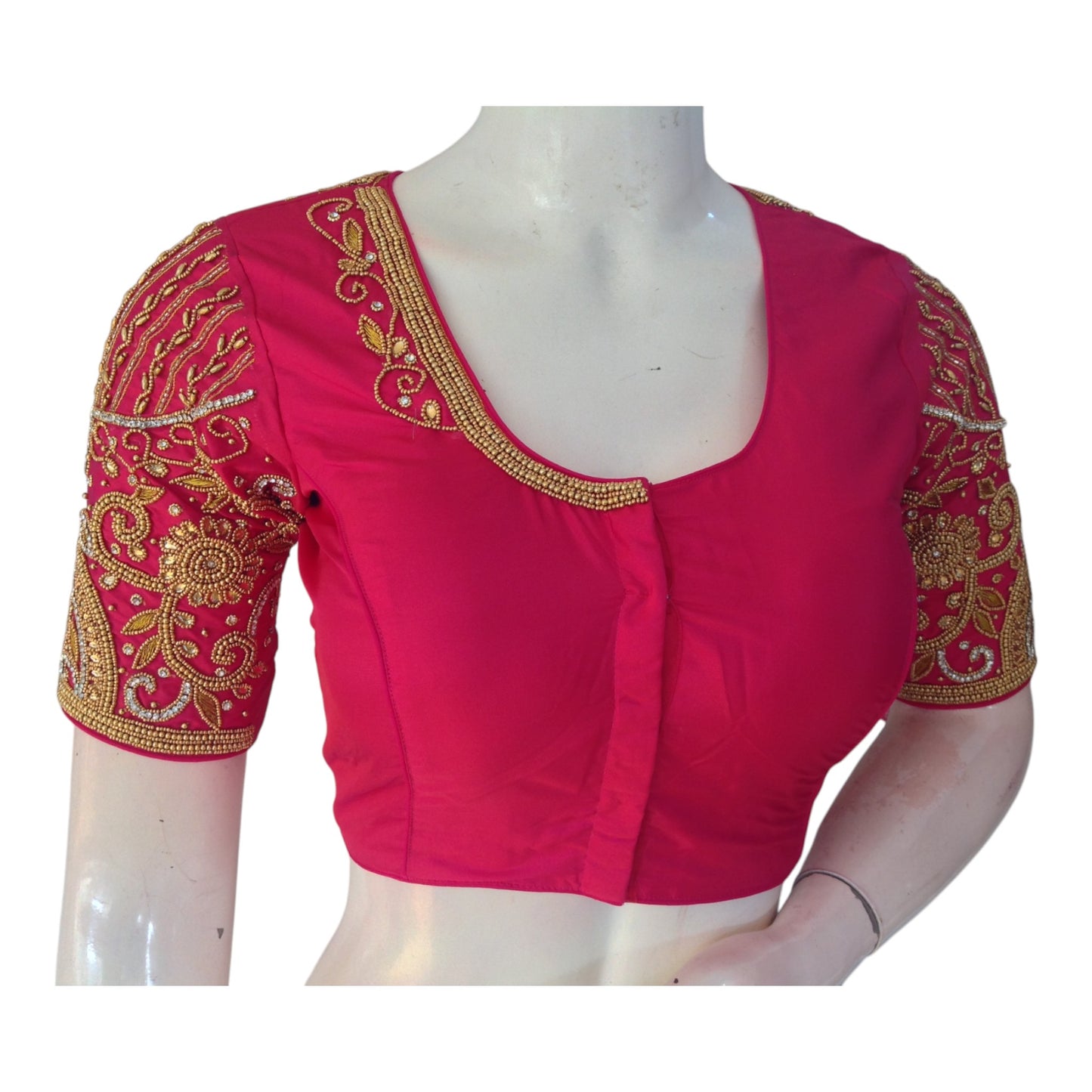 Rich Dark Pink Aari Handwork Wedding Silk Saree Readymade Blouse