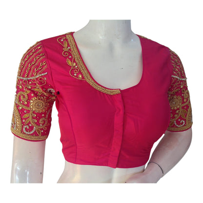 Rich Dark Pink Aari Handwork Wedding Silk Saree Readymade Blouse