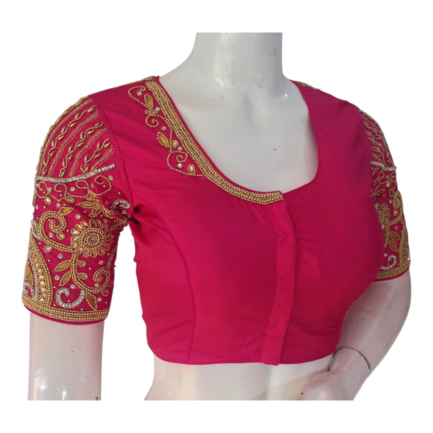 Rich Dark Pink Aari Handwork Wedding Silk Saree Readymade Blouse