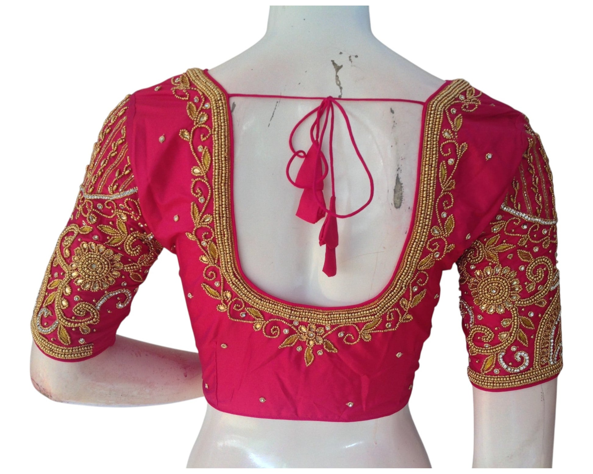 Rich Dark Pink Aari Handwork Wedding Silk Saree Readymade Blouse