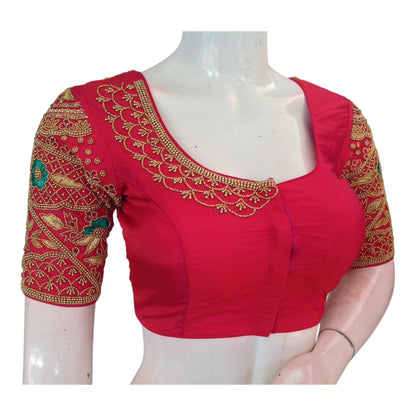 Rich Dark Peach Pink Aari Handwork Wedding Silk Saree Readymade Blouse