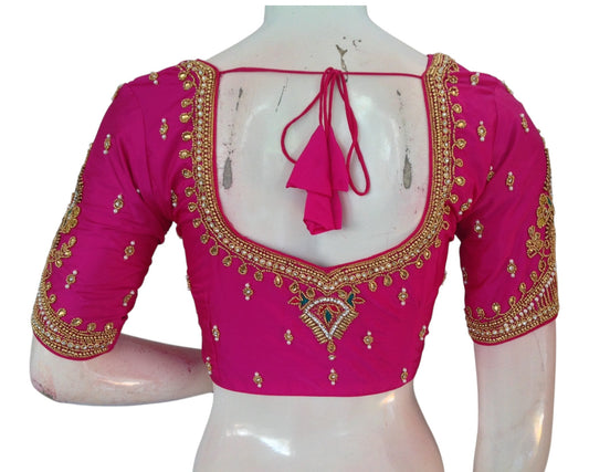 Lovely Pink Color Aari Handwork Wedding Silk Saree Readymade Blouse