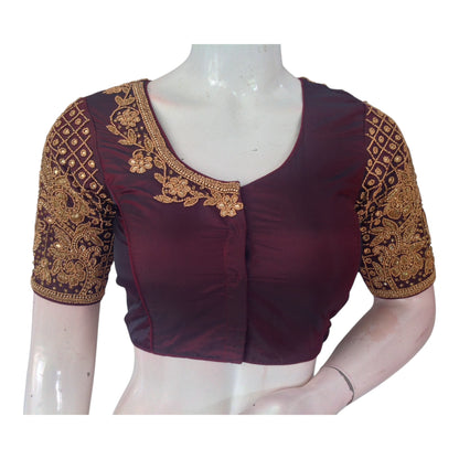 Luxurious Dark Maroon Aari Handwork Wedding Silk Saree Readymade Blouse