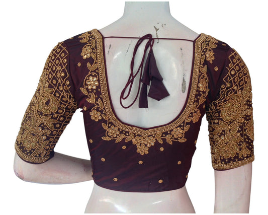 Luxurious Dark Maroon Aari Handwork Wedding Silk Saree Readymade Blouse