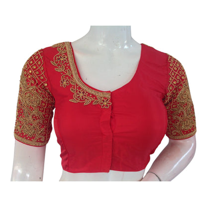 Elegant Red Color Aari Handwork Wedding Silk Saree Ready made  Blouse